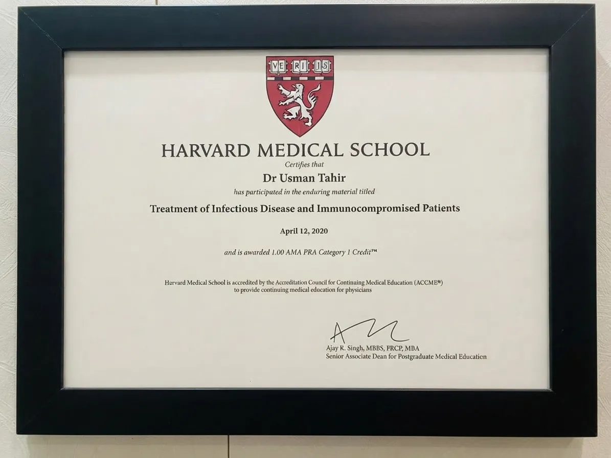 Framed Harvard Medical School certificate awarded to Dr Usman Tahir for Treatment of Infectious Disease and Immunocompromised Patients, dated April 12, 2020