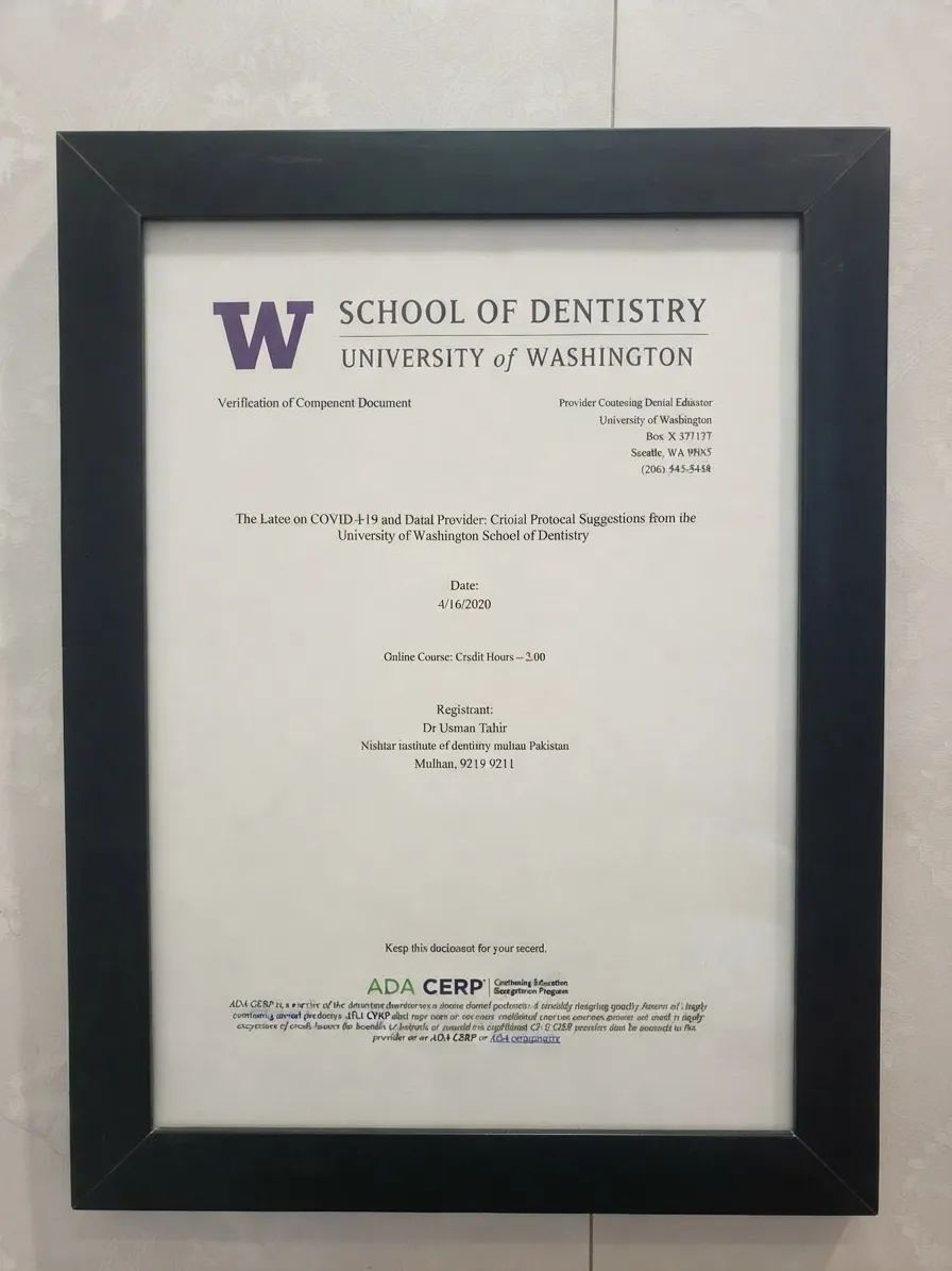 Framed University of Washington School of Dentistry continuing education certificate issued to Dr Usman Tahir, dated 4/16/2020, 2.00 credit hours